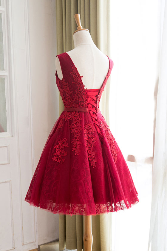 Burgundy lace tulle short prom dress, burgundy homecoming dress