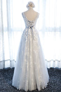 Gray round neck tulle lace applique long prom dress