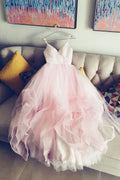 Simple v neck tulle pink prom dress, pink tulle evening dress