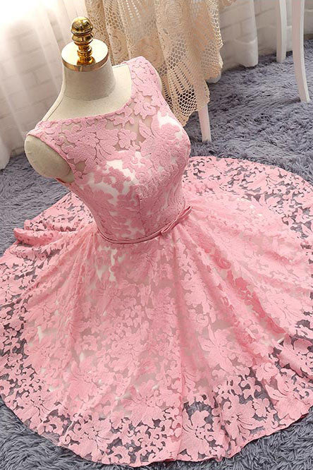 Cute pink round neck lace short prom dress, bridesmaid dress