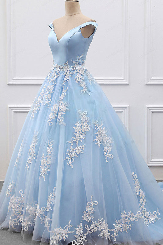 Blue v neck lace tulle long prom dress, blue evening dress