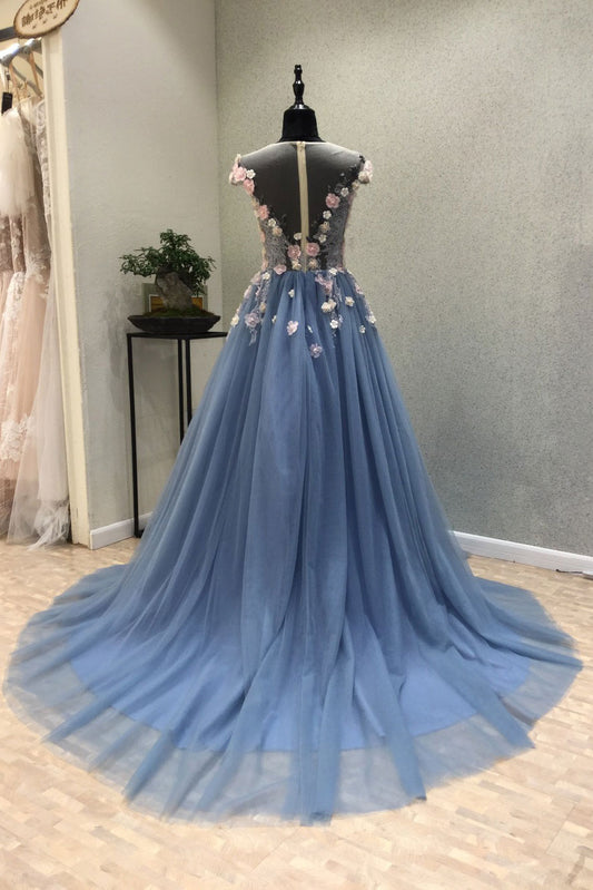 Blue round neck tulle lace applique long prom dress, lace evening dress