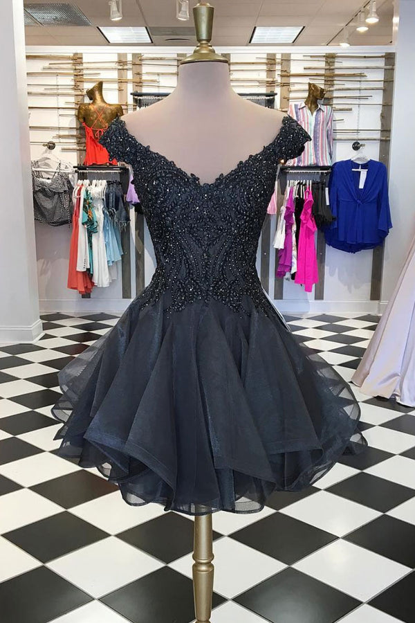 Black v neck tulle beads short prom dress, black homecoming dress