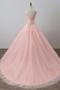 Pink round neck tulle lace long prom dress, pink tulle evening dress
