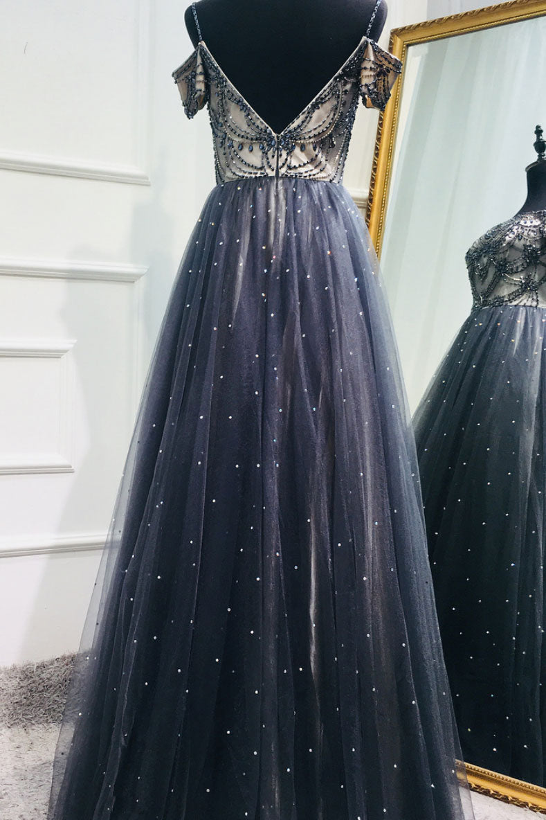 Dark blue tulle sequin beads long prom dress, tulle evening dress