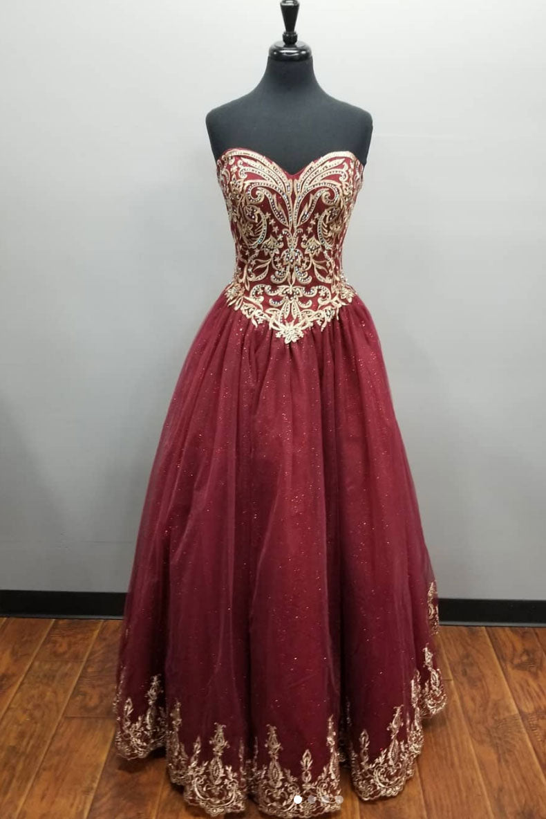 Burgundy sweetheart neck lace tulle long prom dress, burgundy evening dress