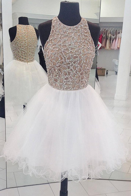 White round neck tulle sequin short prom dress, white homecoming dress