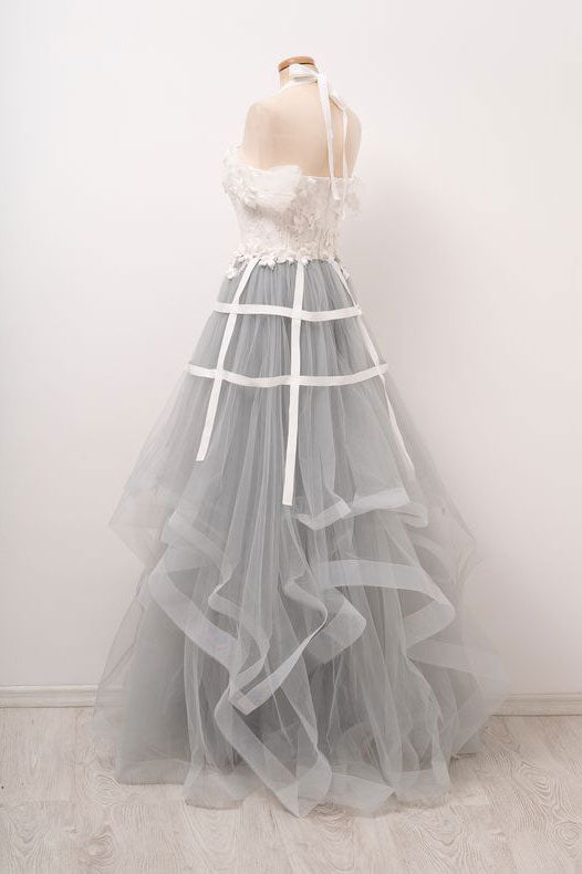 Unique gray tulle lace applique long prom dress, gray tulle evening dress