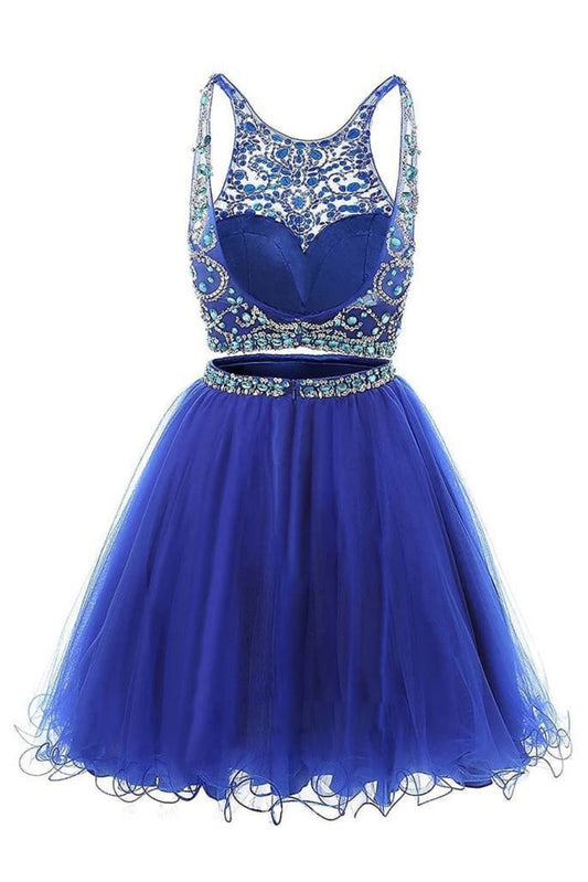 Blue two pieces tulle beads short prom dress, blue homecoming dress