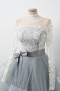 Gray round neck tulle lace short prom dress, gray homecoming dress