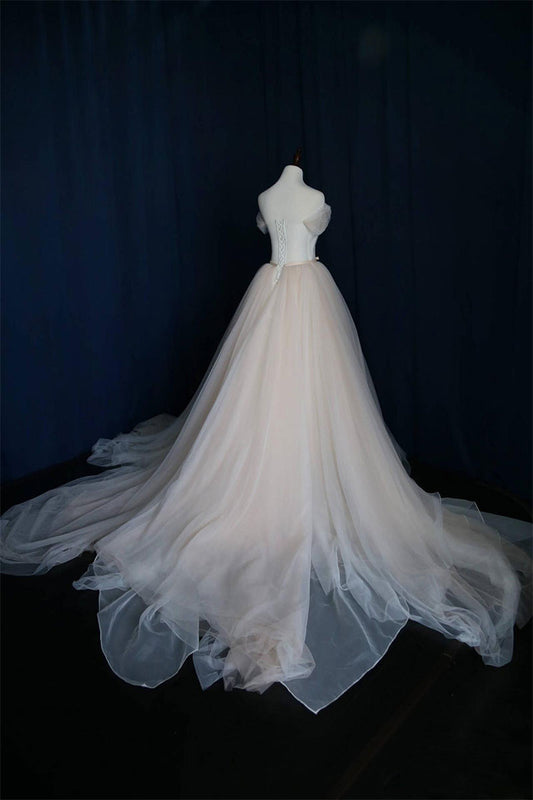 Light champagne tulle long prom dress, wedding dress