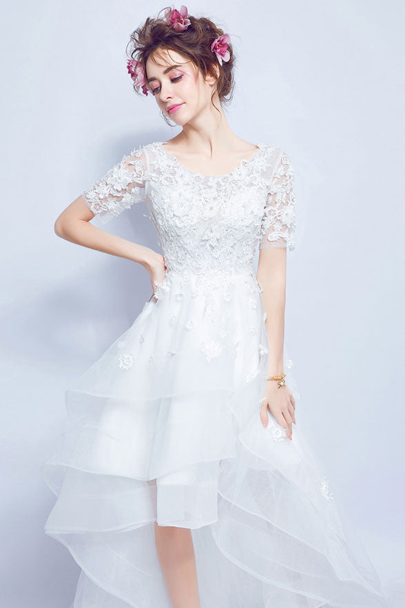 White round neck tulle lace applique  prom dress, white wedding dress