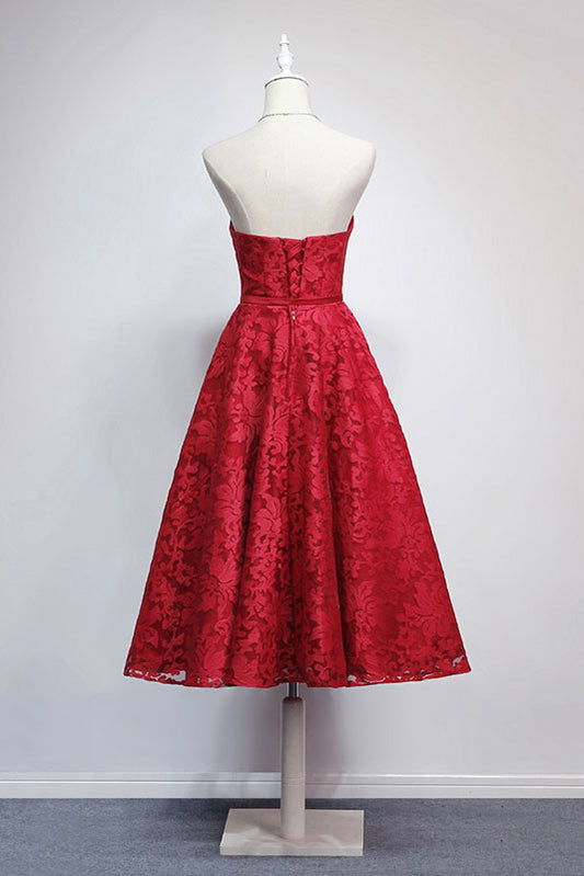 Burgundy lace short prom dress, burgundy evening dress