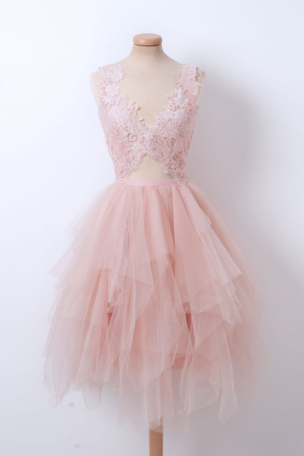 Pink v neck tulle lace short prom dress, pink homecoming dress