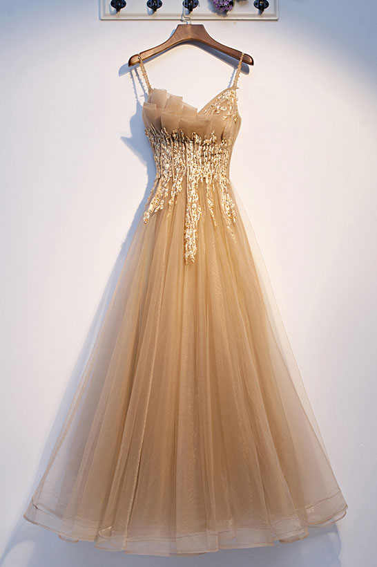 Champagne tulle lace long prom dress tulle lace formal dress