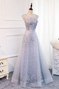 Gray round neck tulle lace applique long prom dress, gray evening dress