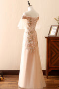 Champagne tulle long prom dress, champagne tulle lace applique evening dress