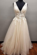 Champagne v neck tulle lace long prom dress. champagne tulle evening dress