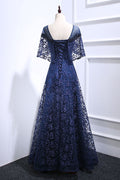 Dark blue lace long prom dress, blue lace evening dress