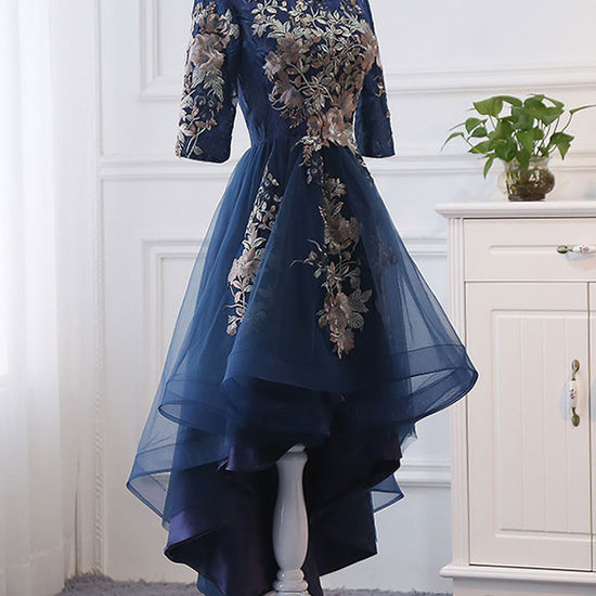 Dark blue lace applique short prom dress, blue evening dress dresstby Dark blue lace applique short prom dress, blue evening dress dresstby