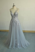 Gray v neck tulle lace long prom dress, gray evening dress