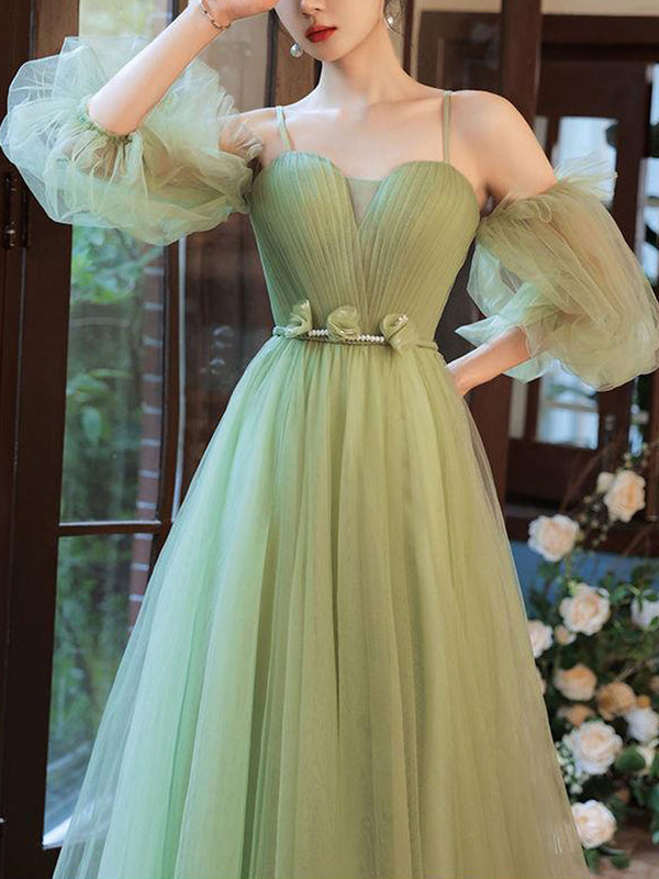 Simple green tulle A line long prom dress, green evening dress