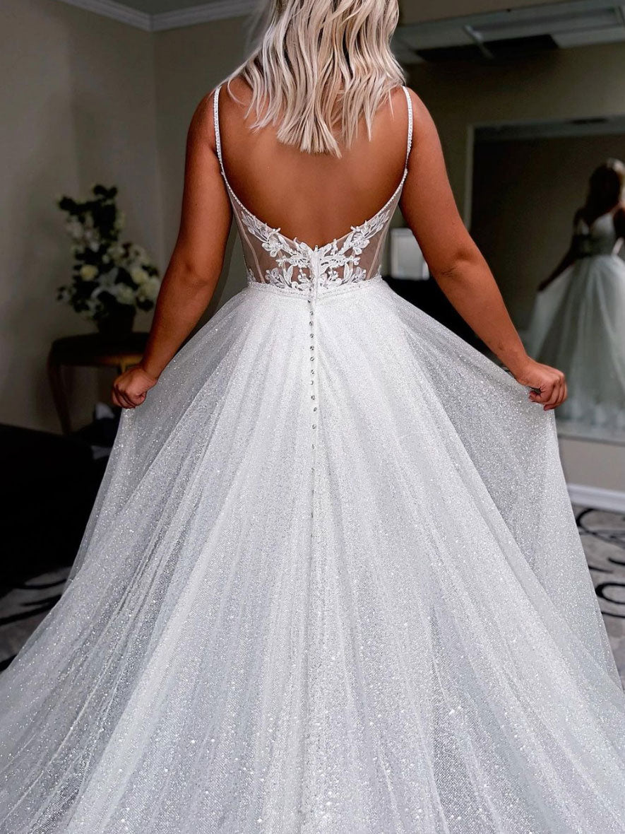 White v neck tulle sequin long prom dress, white tulle formal dress
