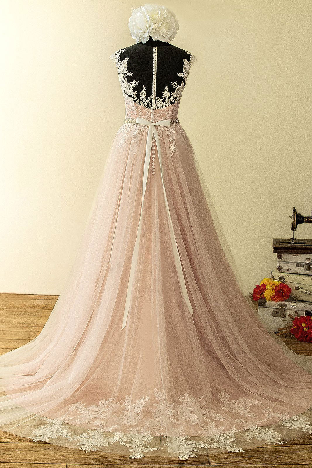 Pink round neck lace long prom dress, pink lace evening dress