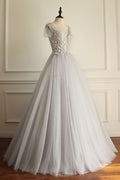 Gray v neck tulle lace applique long prom dress, gray evening dress