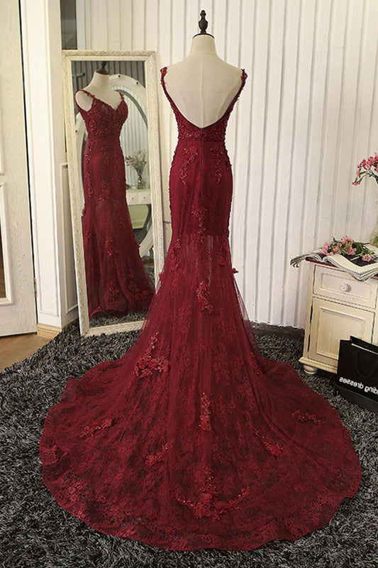 Red mermaid lace long prom dress, lace mermaid evening dress