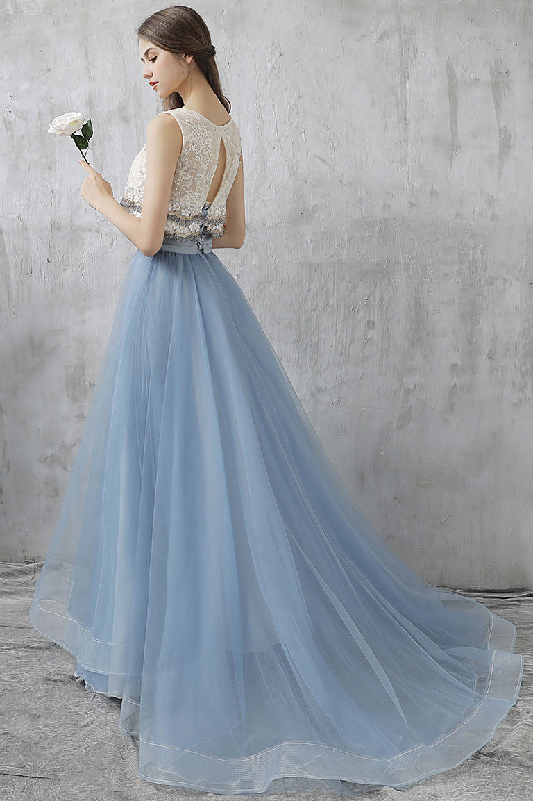 Elegant gray blue tulle lace two pieces long prom dress, gray blue evening dress
