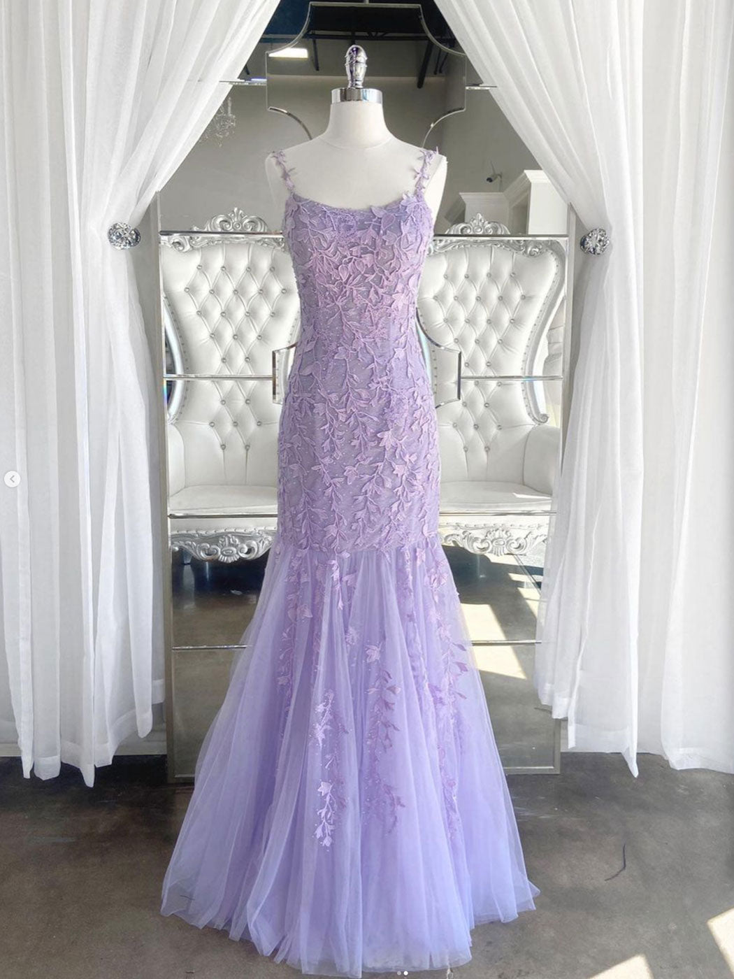 Purple tulle lace mermaid long prom dress, purple lace evening dress