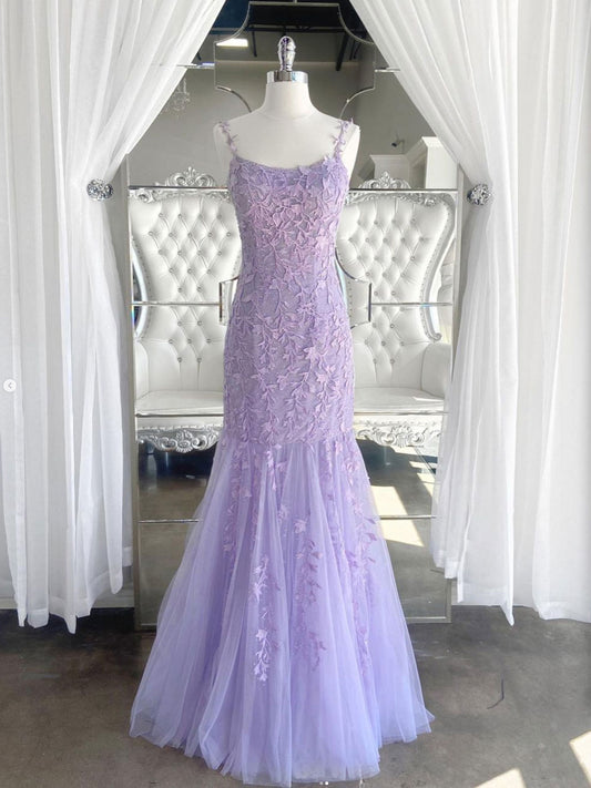 Purple tulle lace mermaid long prom dress, purple lace evening dress