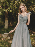 Gray tulle sequin tea length prom dress, gray evening dress