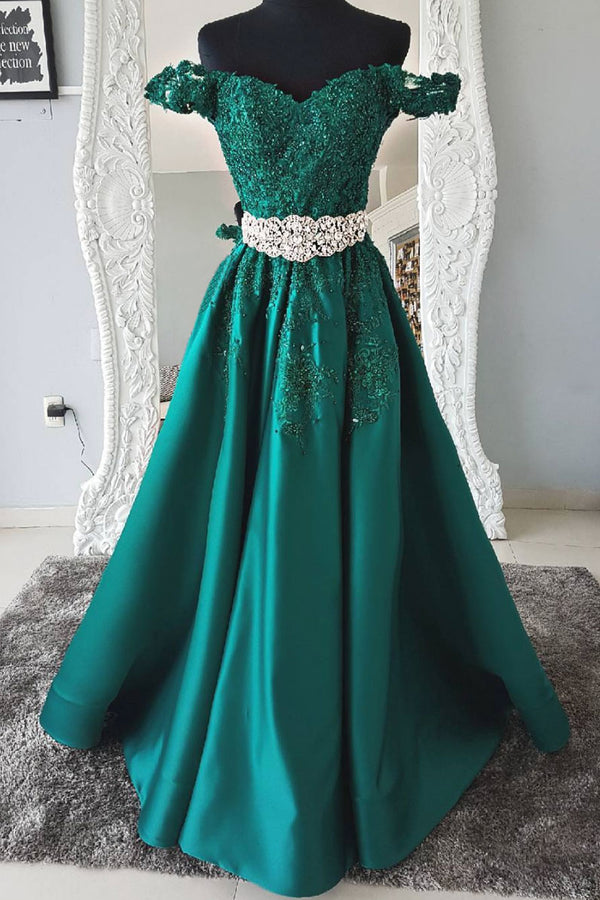 Green sweetheart neck satin lace long prom dress, green evening dress
