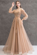 Champagne tulle lace long prom dress champagne tulle lace evening dress