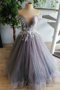 Gray tulle lace long prom dress, gray tulle lace formal dress