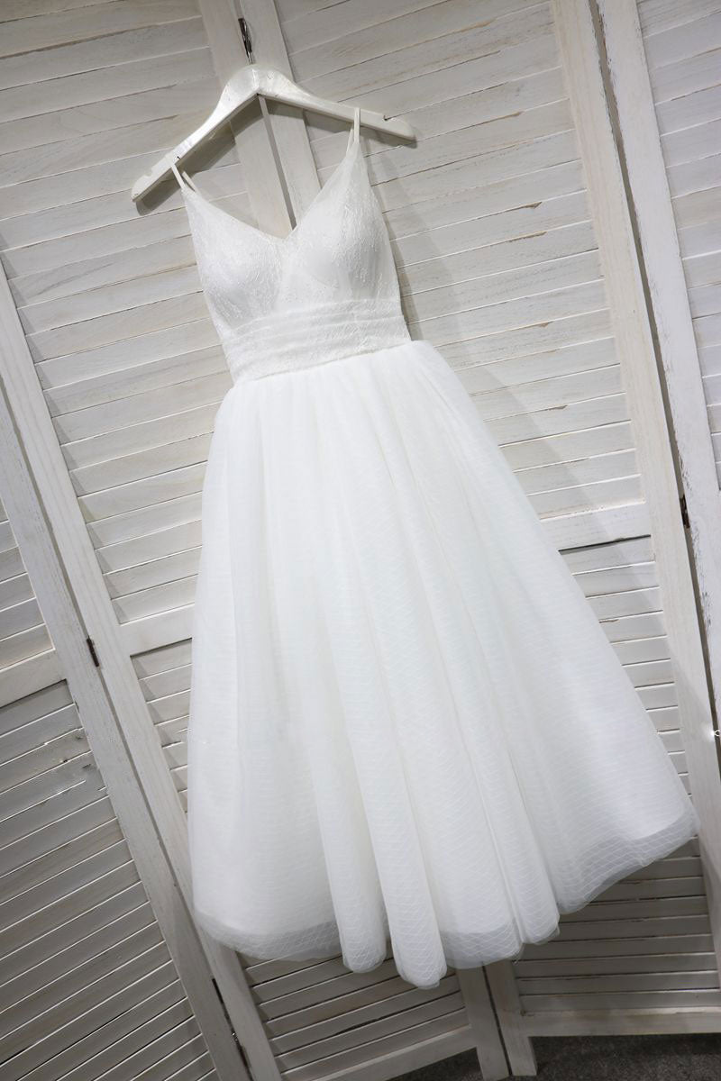 White v neck tulle lace tea  Length prom dress, white bridesmaid dress