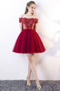 Cute burgundy tulle lace applique short prom dress, burgundy homecoming