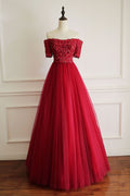 Burgundy tulle lace long prom dress, burgundy tulle evening dress