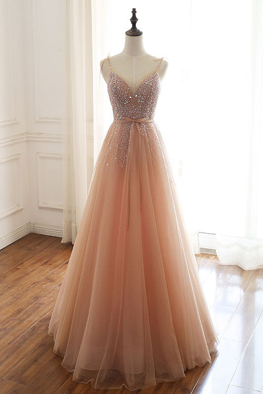 Champagne tulle beads sequin long prom dress, evening dress