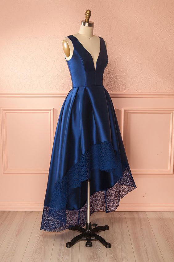 Dark blue v neck high low prom dress, dark blue bridesmaid dress