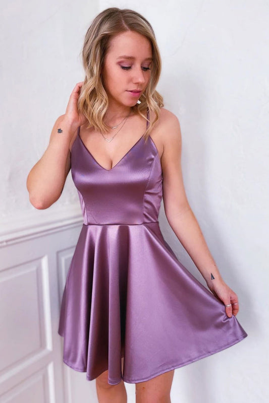 Simple purple v neck satin short prom dress homecoming dress