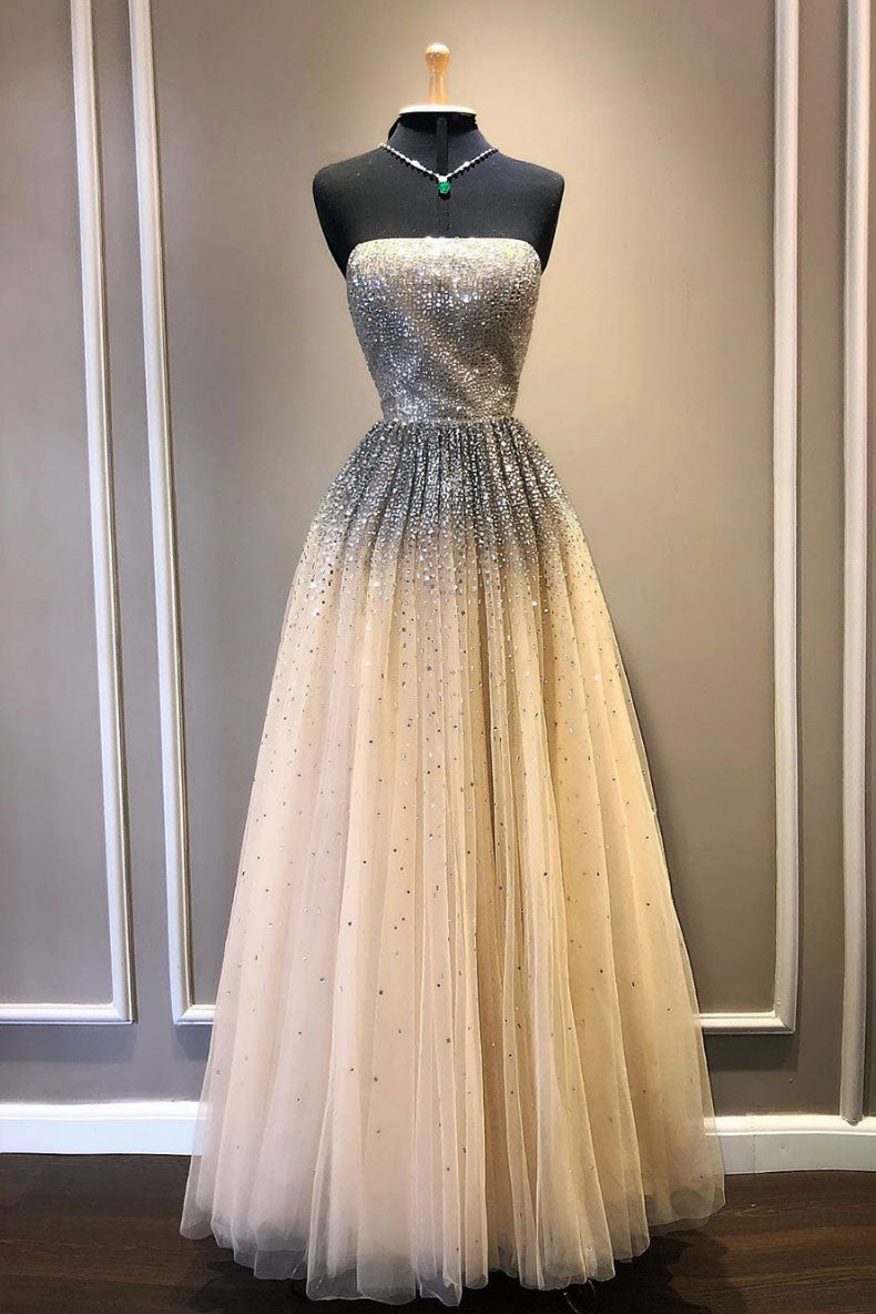 Champagne tulle sequin long prom dress, tulle formal dress