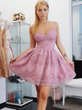 Pink tulle lace short prom dress, pink tulle lace bridesmaid dress