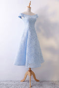 Blue lace tea Length prom dress, blue evening dress