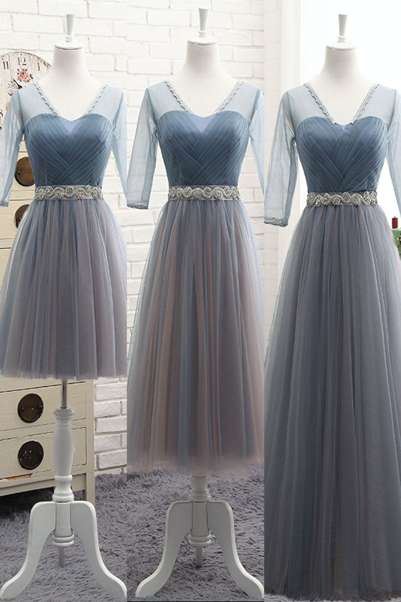 Simple v neck tulle gray blue prom dress, bridesmaid dress