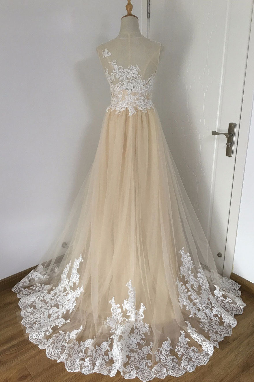 Champagne A-line tulle lace applique long prom dress, wedding dress