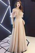 Champagne sweetheart tulle lace long prom dress champagne lace formal dress
