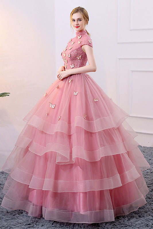 Unique pink tulle long prom dress, pink evening dress